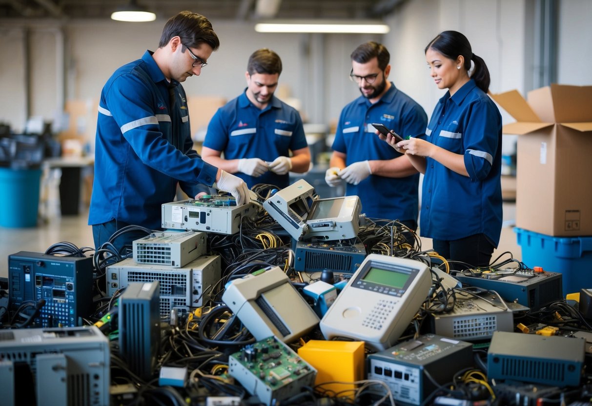A technician carefully dismantles and sorts through piles of outdated telecom equipment, while a team of workers collaborates with industry partners to recycle and repurpose the materials