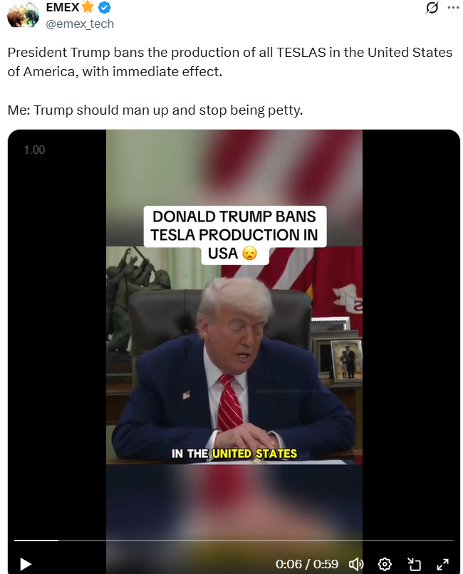 Social media users widely circulated a video clip allegedly showing Trump announcing a ban on Tesla car production in the United States.