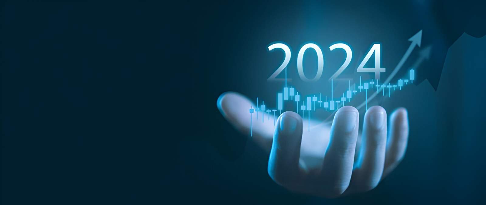Hand holding digital chart with 2024 and upward trend, symbolizing the future outlook and technology advancements in accounting.