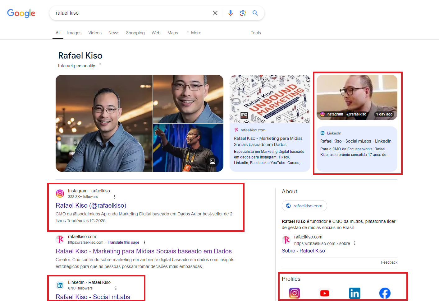 Resultados de busca no Google para Rafael Kiso (CMO da mLabs) e onde aparecem suas redes sociais