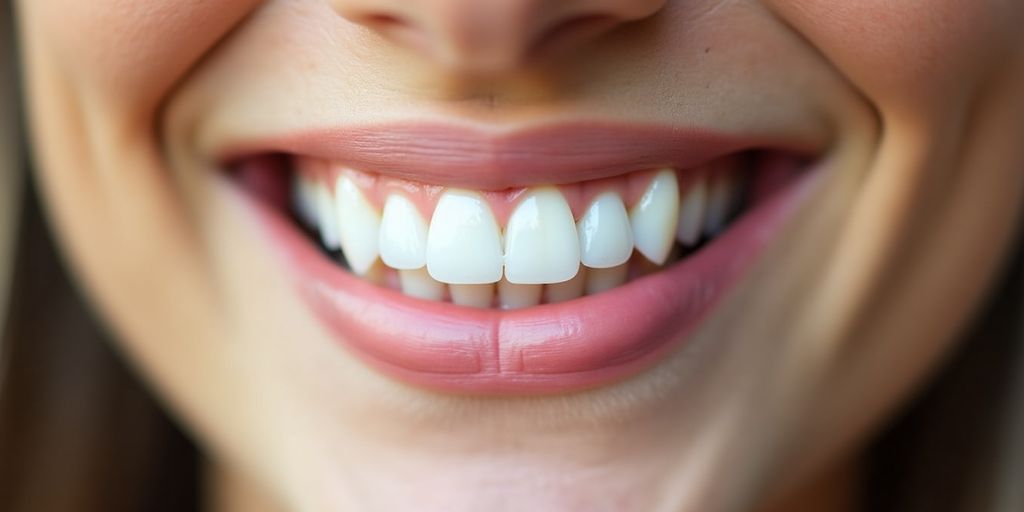 Close-up of a perfect smile with porcelain veneers.