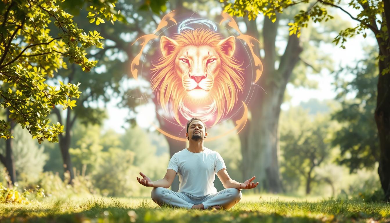 Create an image of a person sitting in a peaceful, outdoor setting. The person is meditating and has their eyes closed. Above them is a bright, glowing portal with the shape of a lion's head. Within the portal, there are swirling patterns of energy and light. The person is surrounded by trees and greenery, and there is a gentle breeze blowing through the leaves. The overall feeling of the image should be one of calmness and tranquility, with a sense of dynamic energy coming from the portal above.