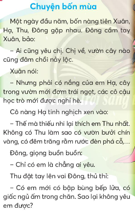 BÀI 1: CHUYỆN BỐN MÙAKHỞI ĐỘNGCâu hỏi: Kể tên các mùa trong nămGiải nhanh: Xuân, hạ, thu và đông.KHÁM PHÁ VÀ LUYỆN TẬPCâu 1: Đọc a. Chọn hình vẽ các nàng tiên phù hợp với tên từng mùa trong năm.b. Theo lời bà Đất, mỗi mùa trong năm có gì đáng yêu?c. Bài đọc nói về điều gì?d. Em thích nhân vật nào nhất? Vì sao?Trả lời: a. Các nàng tiên phù hợp với từng mùa trong năm:Hình 1: mùa thuHình 2: mùa hạHình 3: mùa xuânHình 4: mùa đôngb. Theo lời bà Đất, mỗi mùa trong năm có mỗi điểm đáng yêu riêng:Mùa xuân làm cho cây lá tươi tốtMùa hạ cho trái ngọt , hoa thơmMùa thu làm cho trời xanh cao, cho học sinh nhớ ngày tựu trường.Mùa đông ấp ủ mầm sống cho cây cối đâm chồi nảy lộc.Cùng sáng tạo: Hoa thơm trái ngọtKể tên các loại hoa, quả thường có ở mỗi mùa.Câu 2: Viết: Sông dài biển rộngGiải nhanh: Học sinh tự viếtCâu 3: Thực hiện các yêu cầu dưới đây:a. Chọn từ ngữ chỉ đặc điểmb. Tìm từ ngữ chỉ đặc điểm của cảnh vật: mùa xuân, mùa hạ, mùa thu, mùa đông.Giải nhanh: a. Trắng muốt, xanh ngắt, mát mẻ, rực rỡ, trong vắt, tươi tốt.b. Mùa xuân: mát nẻ, nảy lộc.Mùa hạ: nắng gắt, nóng nực.Mùa thu: tranh vắt, mát dịu.Mùa đông: lạng buốt, gió lớn.Câu 4: Thực hiện các yêu cầu dưới đây:a. Đặt 1 - 2 câu nói về sự vật trong mỗi bức tranh sau:b. Đặt và trả lời câu hỏi về hình dáng của 2 - 3 sự vật trong tranh.Giải nhanh: a. Trời hôm nay thật trong xanh.    Bông hoa nở rực rỡ sắc màu.b.- Con voi đang làm gì?- Con hươu sao đang làm gì?VẬN DỤNG