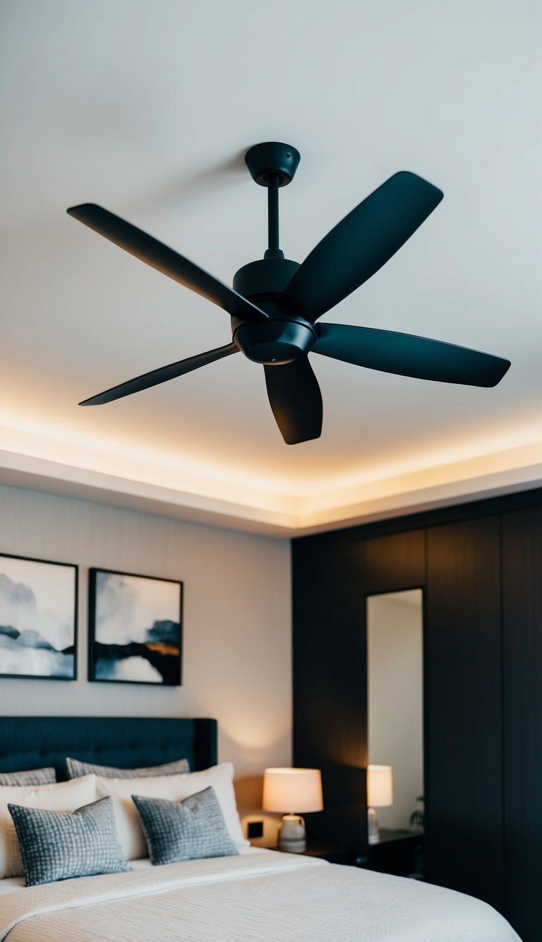 A sleek ceiling fan hangs above a modern guest bedroom with soft lighting and contemporary decor