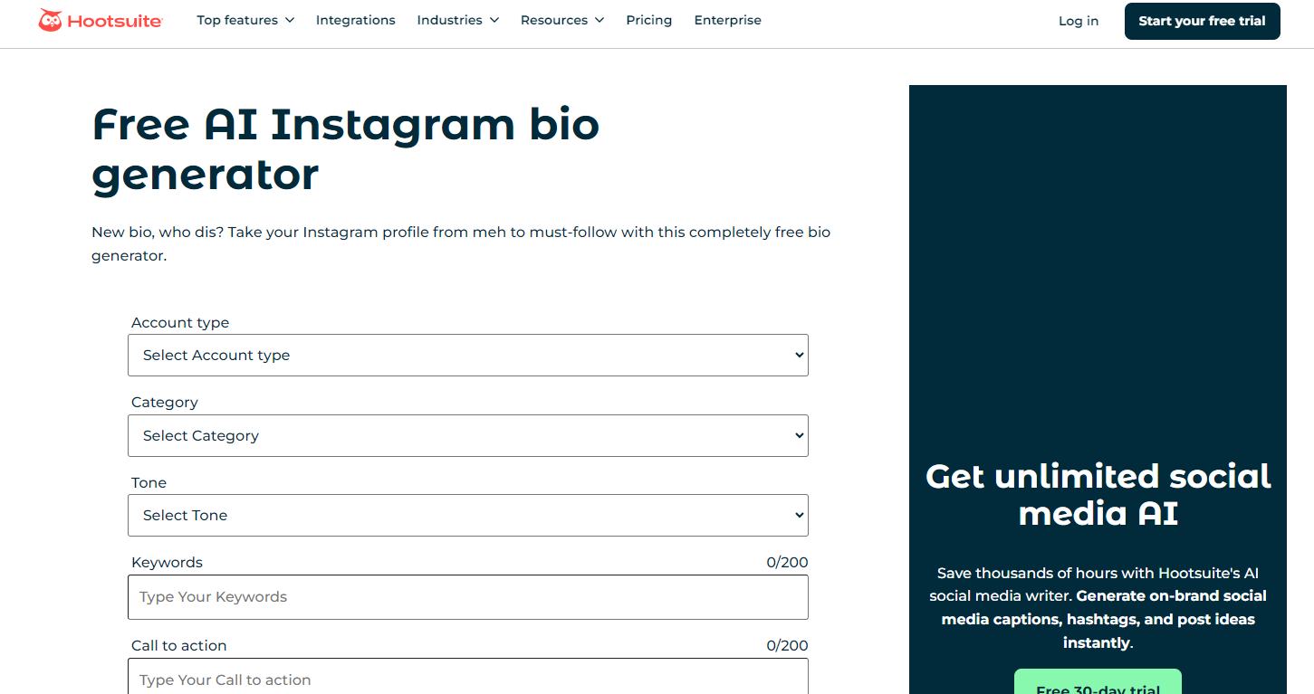 Hootsuite’s AI Instagram Bio Generator