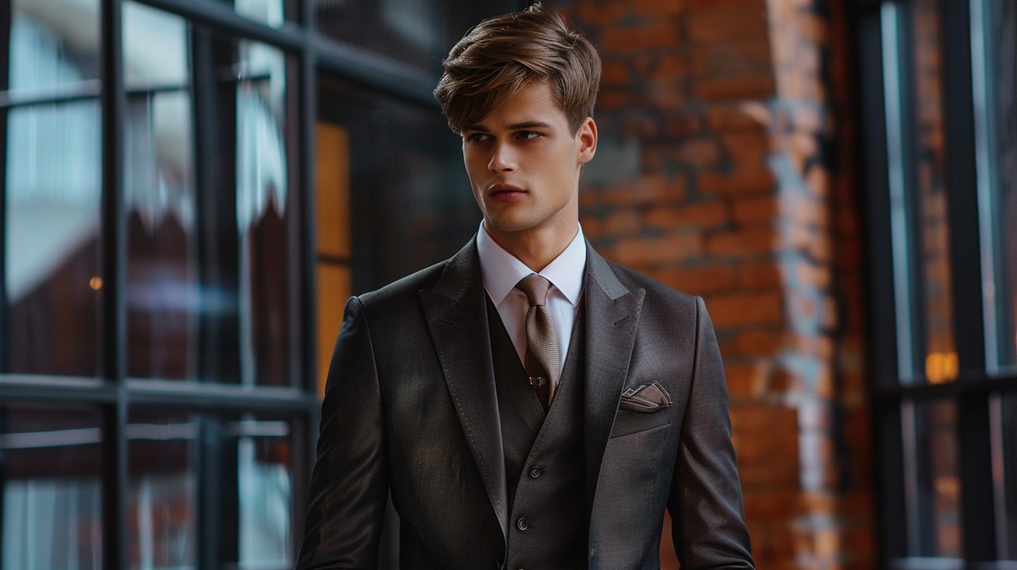 A lean man wearing a slim fit suit, close-cut and modern silhouette, styled with a crisp dress shirt, sleek tie, minimal accessories, urban setting or fashion-forward event backdrop, sharp lighting