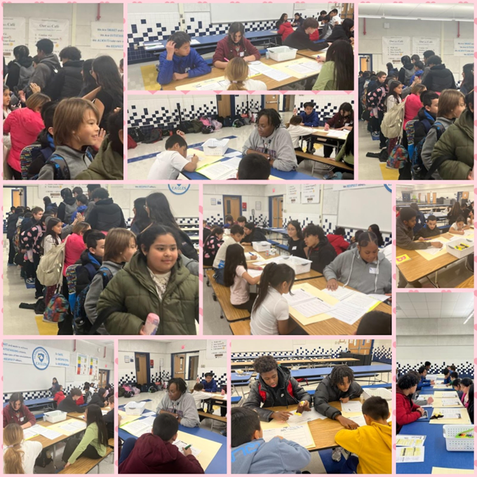 Collage of photos from students at Braddock Elementary School participating in a reading lesson. 