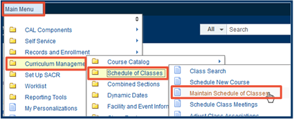 "Main Menu", "Curriculum Management", "Schedule of Classes", and "Maintain Schedule of Classes" navigation tabs emphasized with red box highlight.