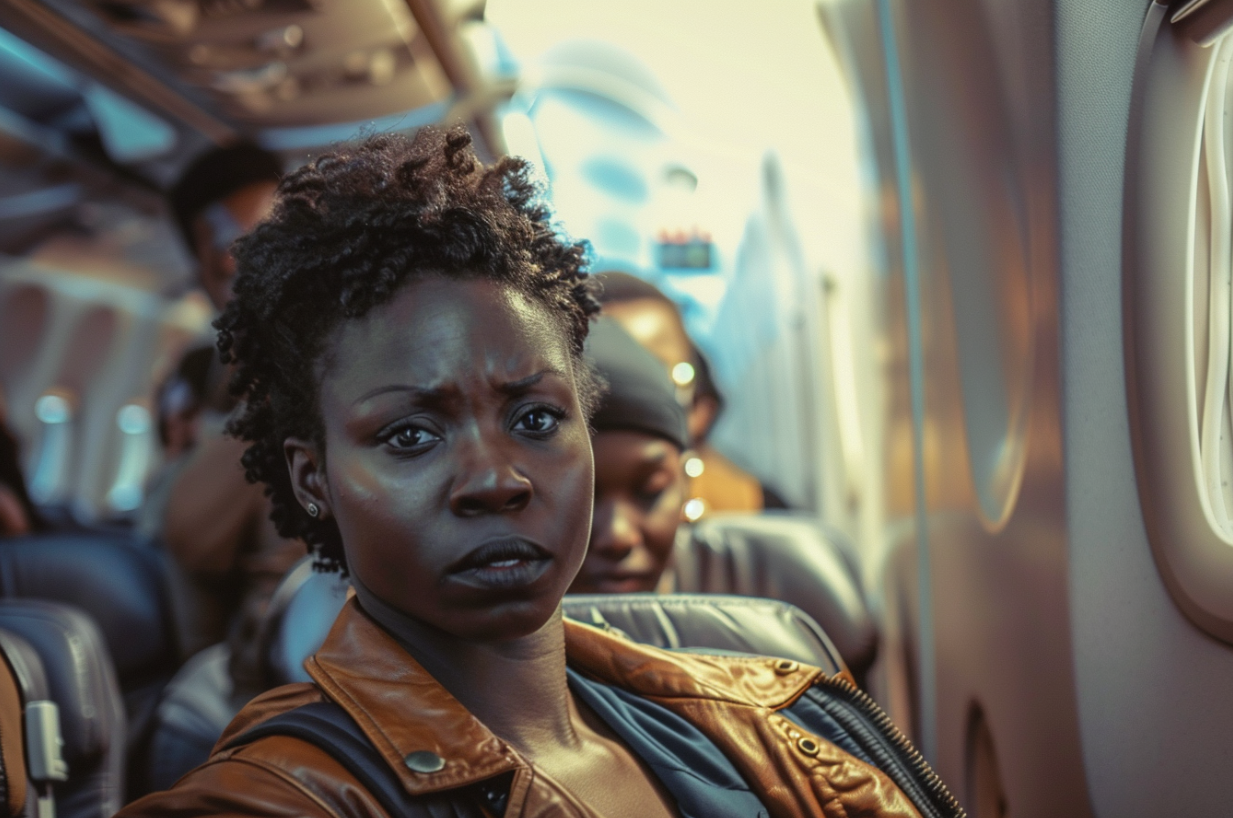 A woman on an airplane frowning | Source: Midjourney