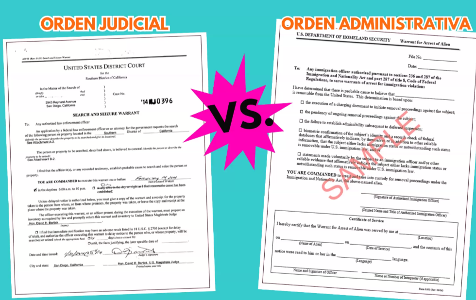 A valid judicial warrant on one side, with the words "United States District Court" on the top and a signature from a judge; on the other side, an administrative warrant, with the words "U.S. Department of Homeland Security" on the top, and no signature.