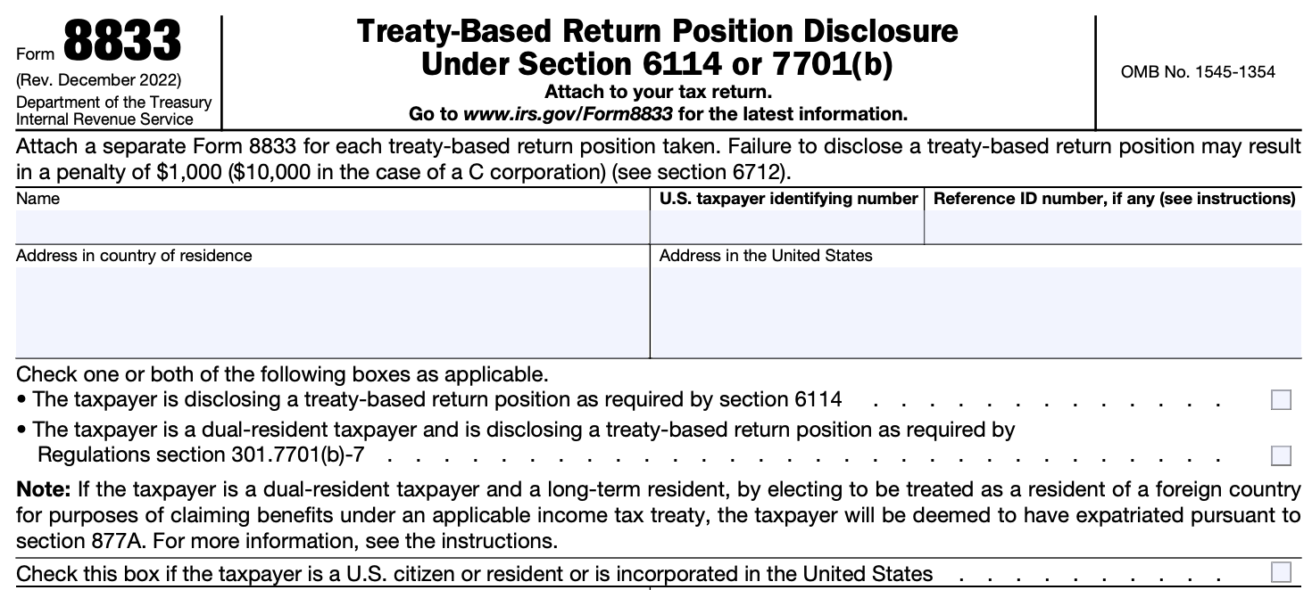Screenshot of the top half of Form 8833