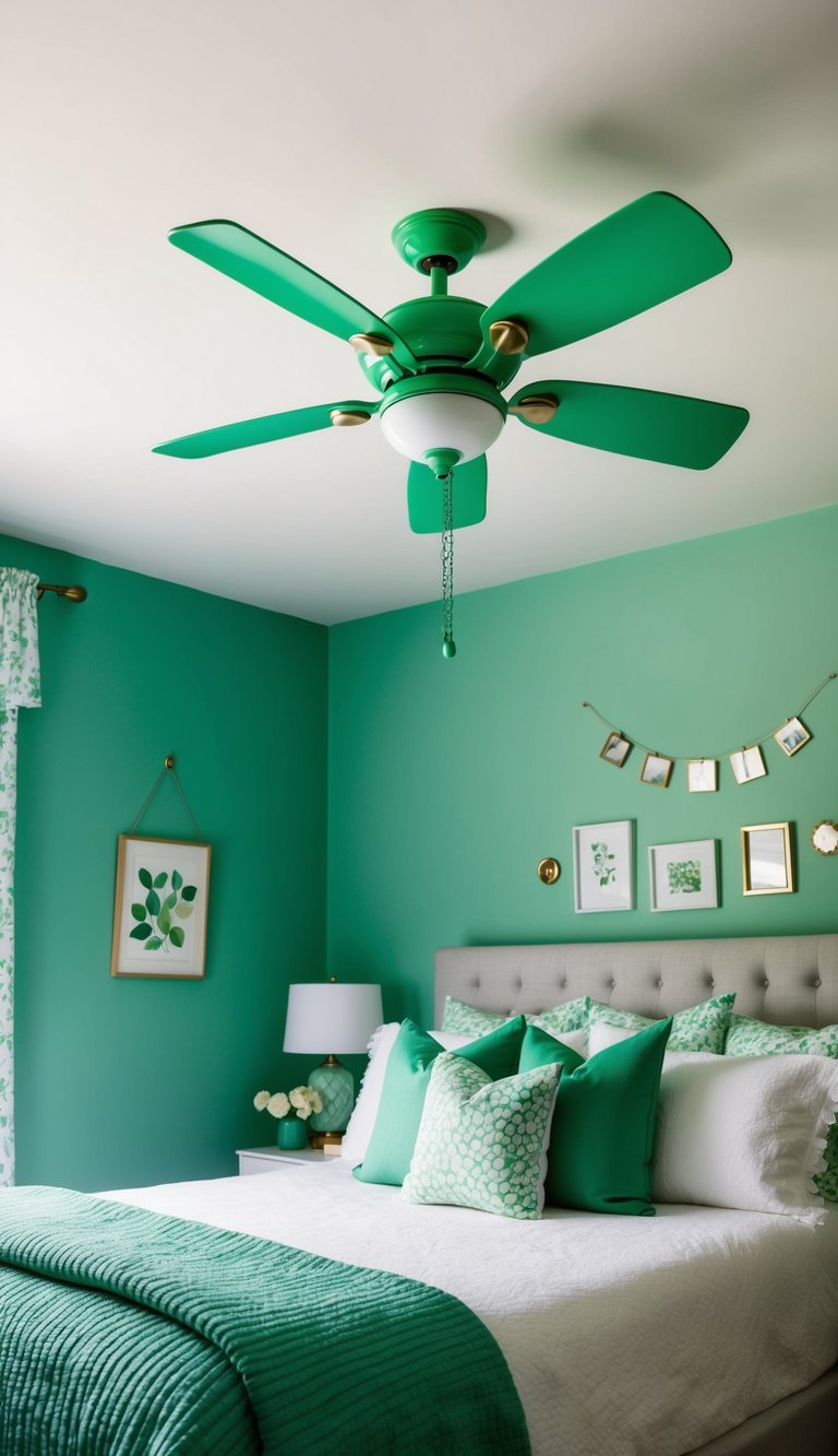 A peridot green ceiling fan spins above a serene green bedroom, filled with 23 decor ideas