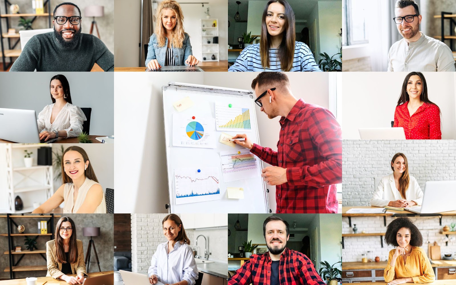 Collage of 13 individuals in virtual meeting setup and office environments, showcasing online team collaboration, with one person presenting data on a whiteboard.