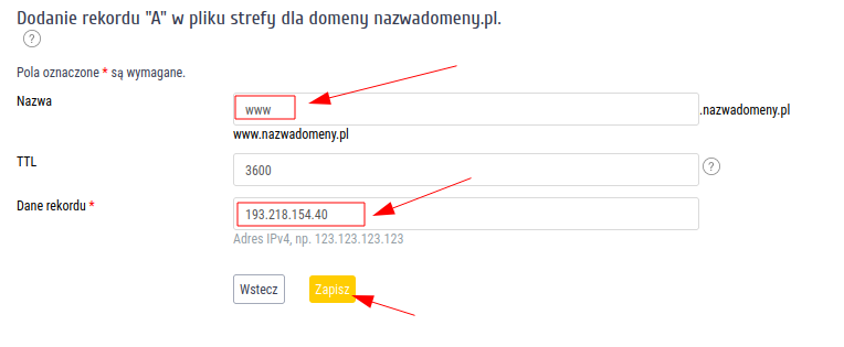 Dodawanie rekordu "A" w pliku strefy dla domeny