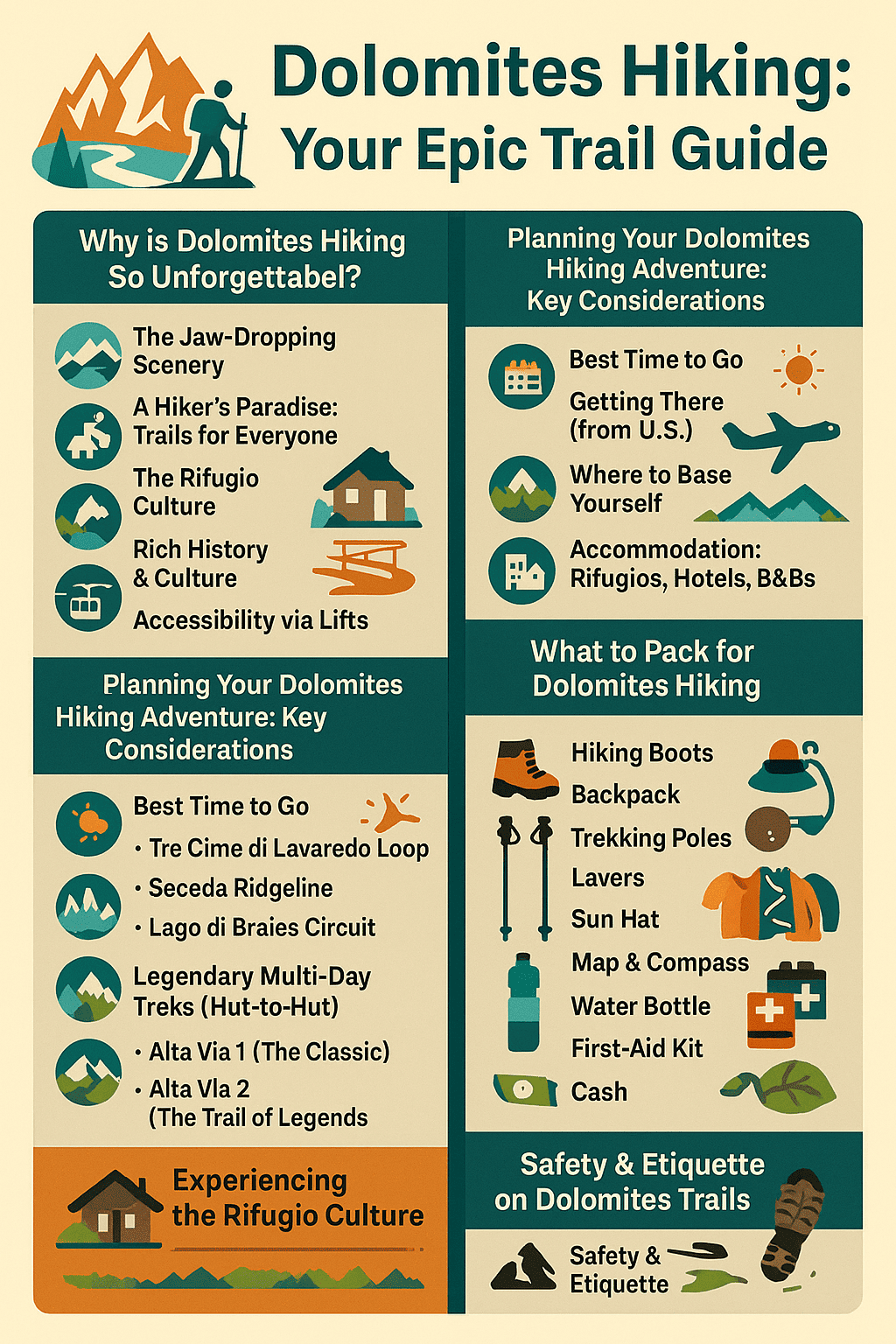 Dolomites Hiking Guide: Best Trails, Rifugios & Tips (Infographics)