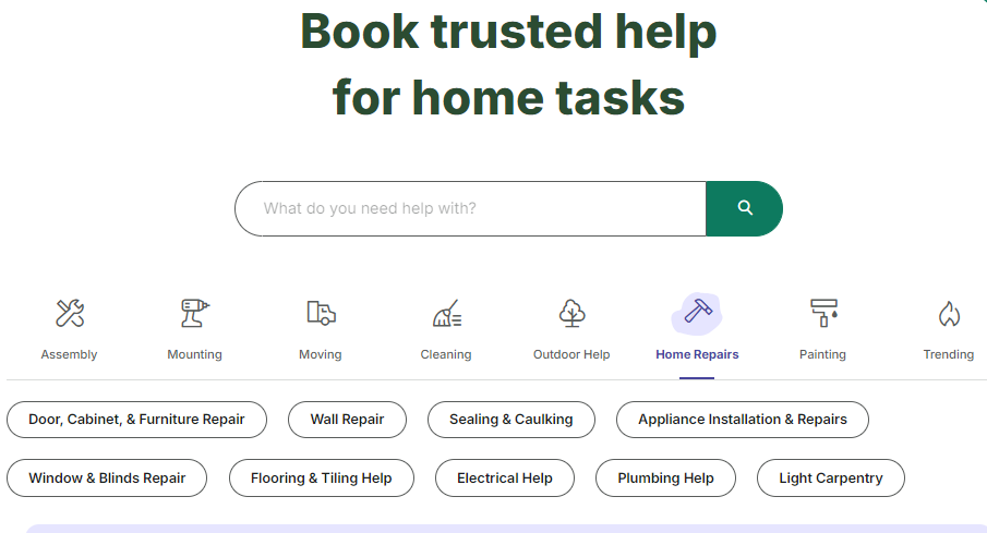 TaskRabbit’s homepage quickly guides the user category structure via the clever use of buttons