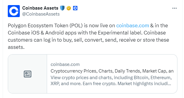 Coinbase发布的POL上线公告