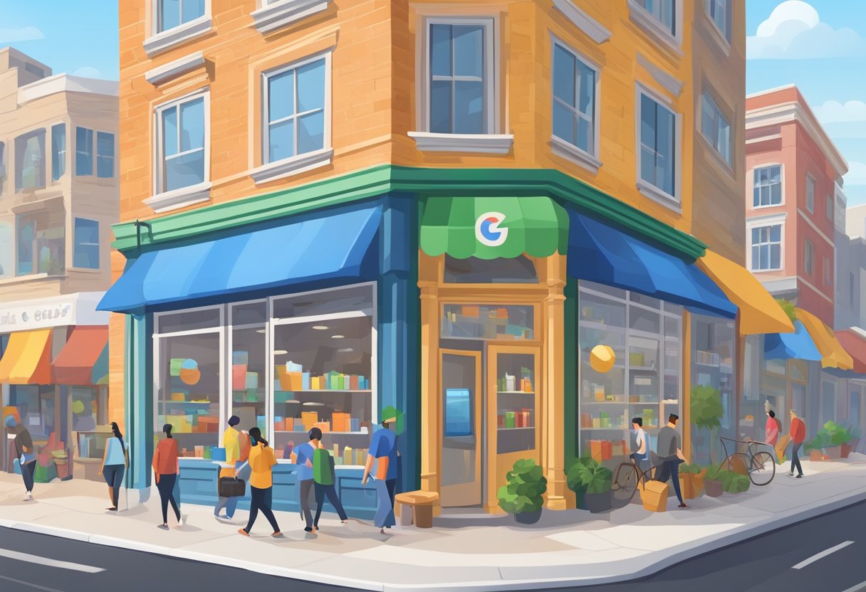 A storefront with a prominent Google Business Profile sticker, surrounded by bustling local activity and a clear view of the surrounding area