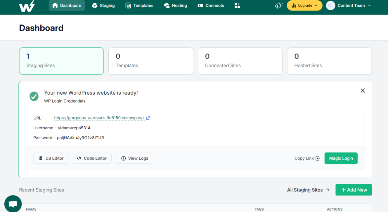 The WooCommerce store can be accessed using Magic login button of InstaWP 