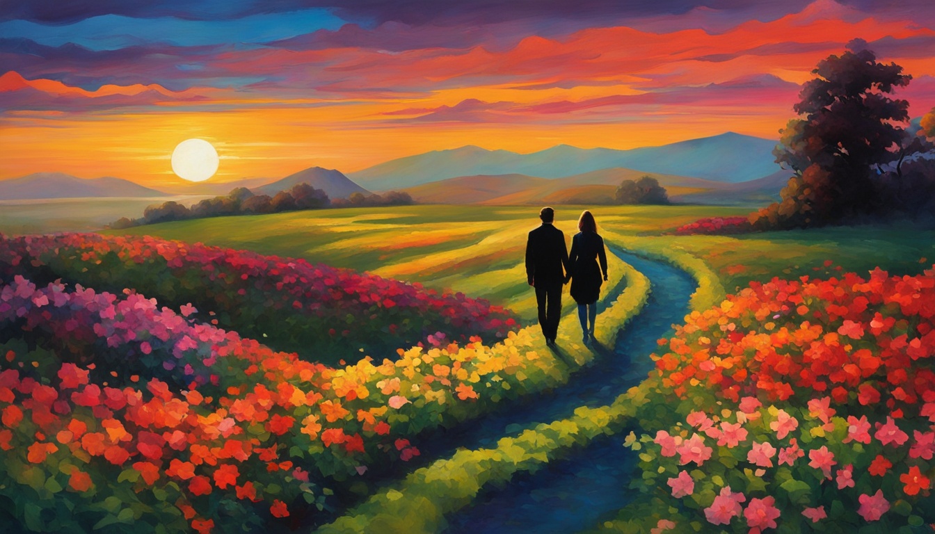 A couple walking on a winding path towards a distant horizon, with the sun setting behind them. The path is surrounded by lush greenery and colorful flowers, symbolizing the growth and renewal of their relationship. Ahead, they see a silhouette of two figures holding hands, representing their future selves. The atmosphere is calm and peaceful, evoking patience and trust in the journey they are taking together.