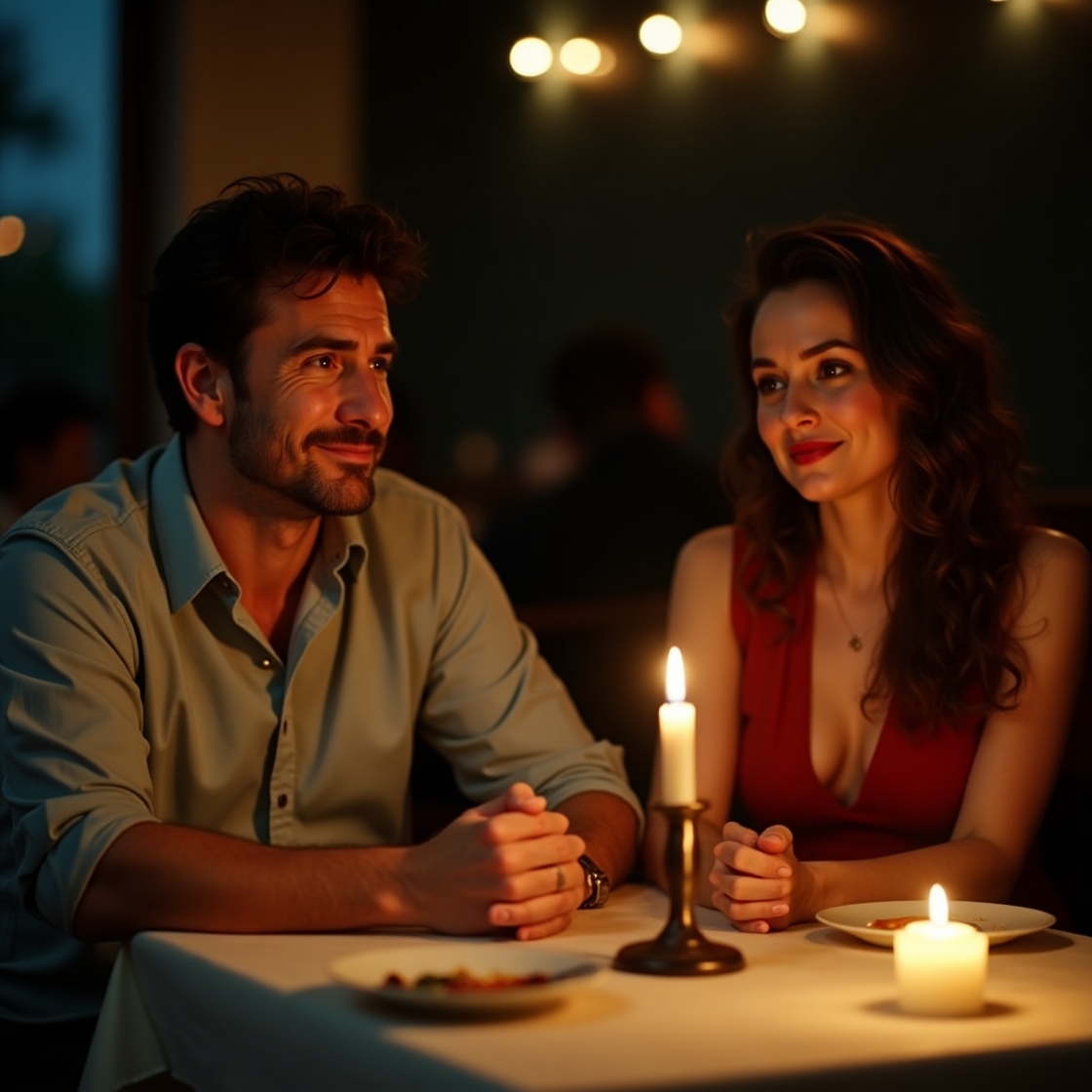 Man with a tense, forced smile while on a date, representing emotional detachment and the emptiness of rebound relationships.