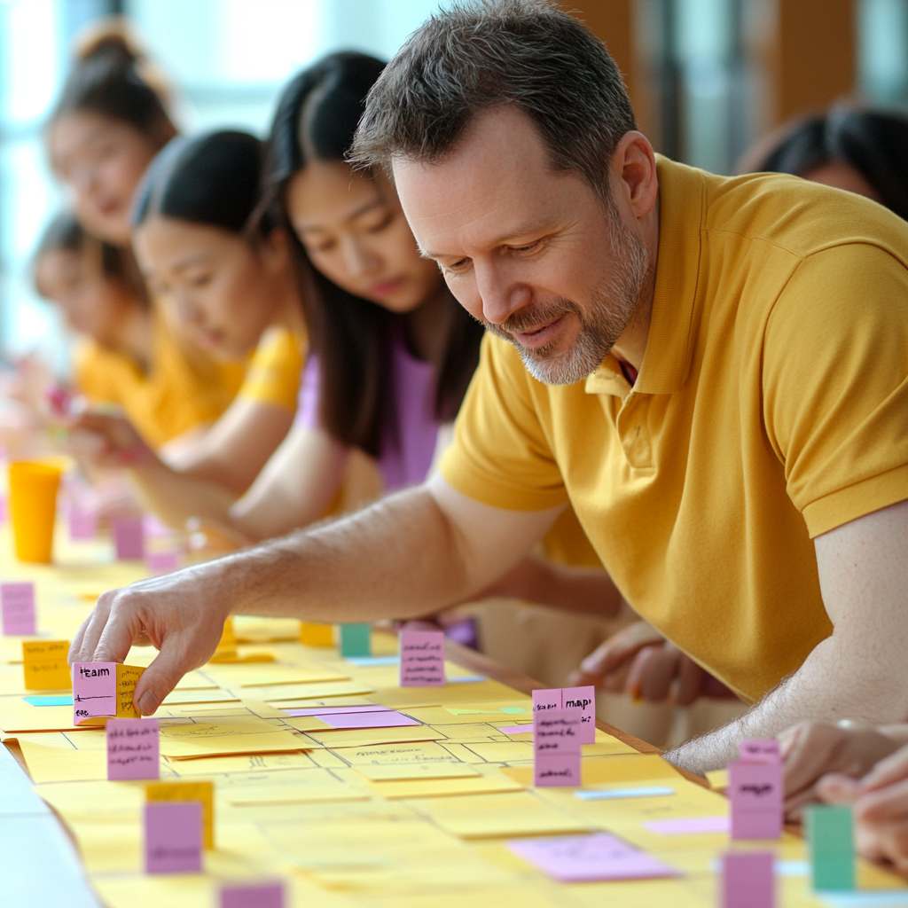 HR facilitator guiding employees in placing color-coded tokens on a “team map,” illustrating how to implement Insights with interactive sessions.