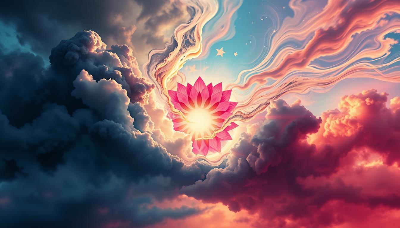 An image of collapsing negative energies by portraying them as dark clouds dissipating into nothingness, leaving behind a bright and vibrant landscape. Use contrasting colors to emphasize the transformation from despair to hope, and include symbolic elements such as a lotus flower or a rising sun to represent growth and renewal. Add a sense of movement and dynamism to the image by incorporating swirling patterns or energetic lines, suggesting the powerful force of positivity overtaking negativity.