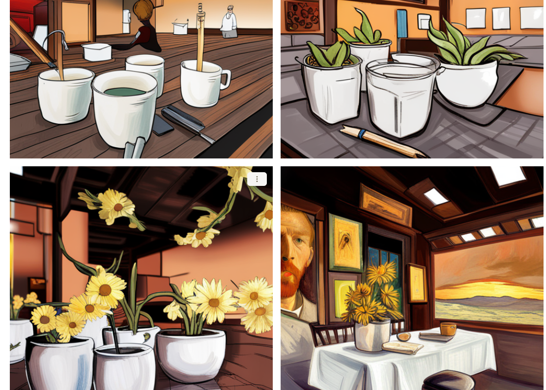 Jasper Art Review: A collage of four images showcasing diverse artistic styles, including still life with plants and flowers, and a room inspired by Van Gogh's paintings.