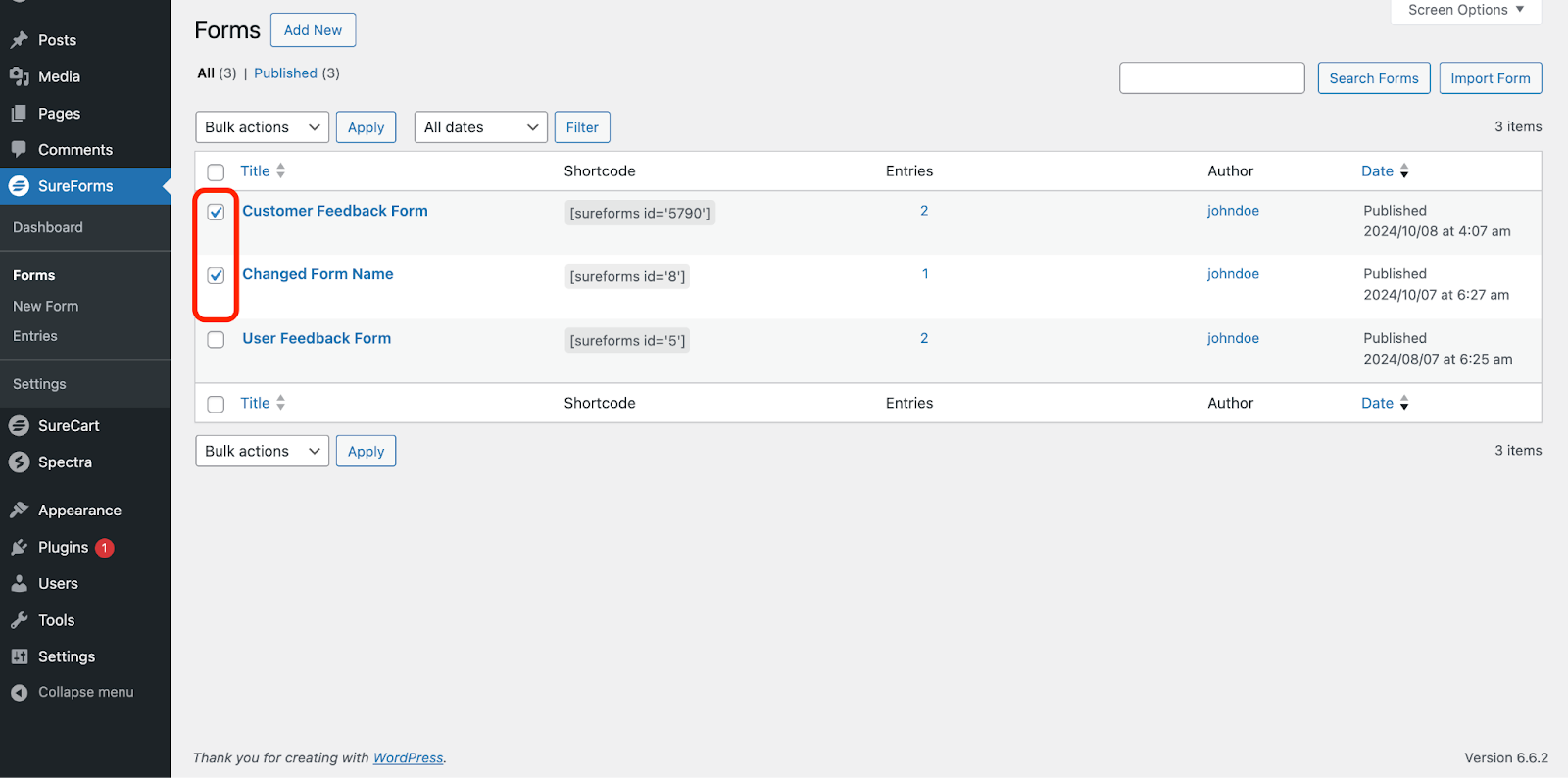 select multiple forms you want to export