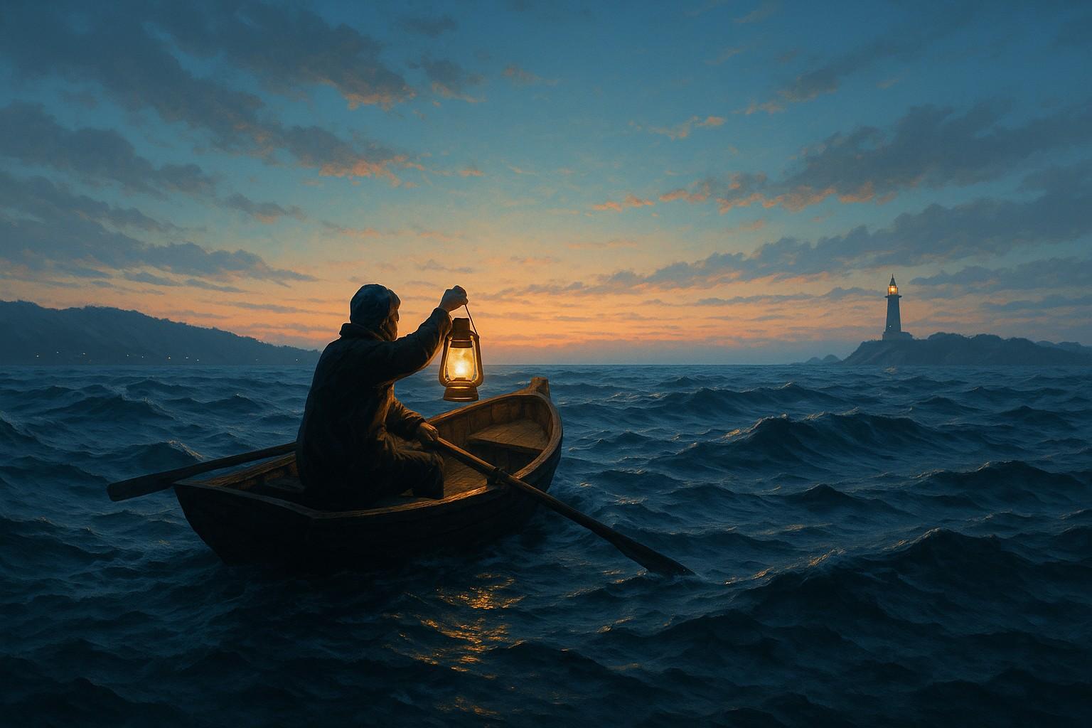 A person in a boat with a lantern in the ocean

AI-generated content may be incorrect.