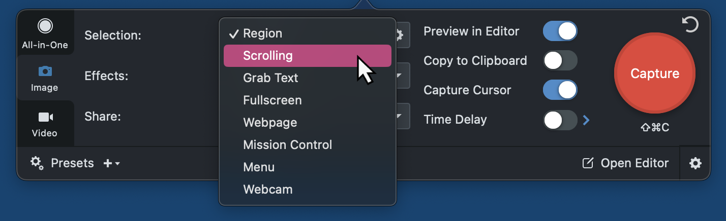 The Snagit menu with the screenshot selection menu open.