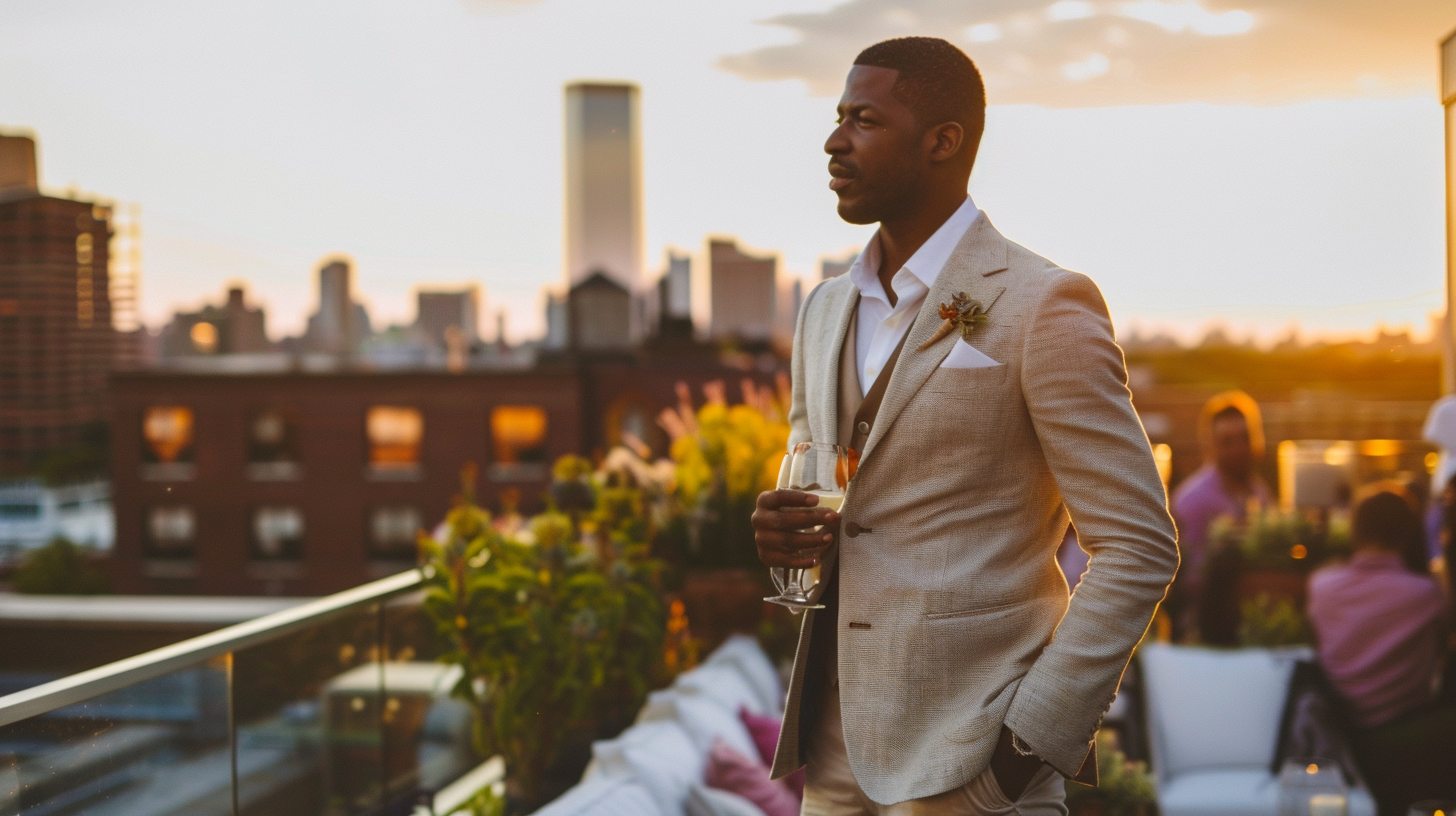 A man at a summer rooftop wedding wearing mismatched suit separates--light blazer with contrasting trousers, unlined jacket, breathable shirt, pocket square or minimal accessories, modern and relaxed city setting with skyline view and warm evening light