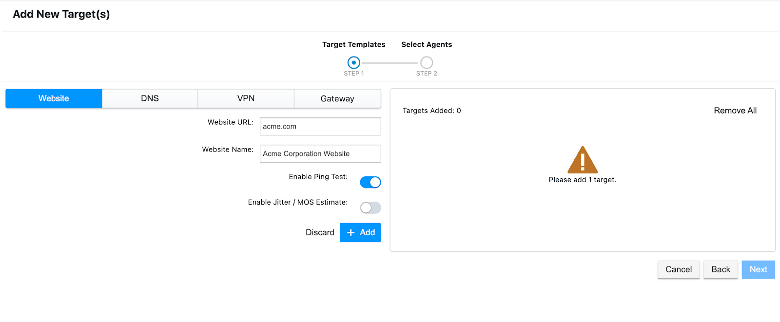 The website template allows to test from the network layer to DNS and HTTP performance.