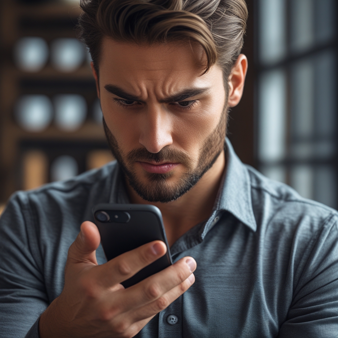 A man deleting a phone contact with a determined look, symbolizing cutting off the toxic attachment.