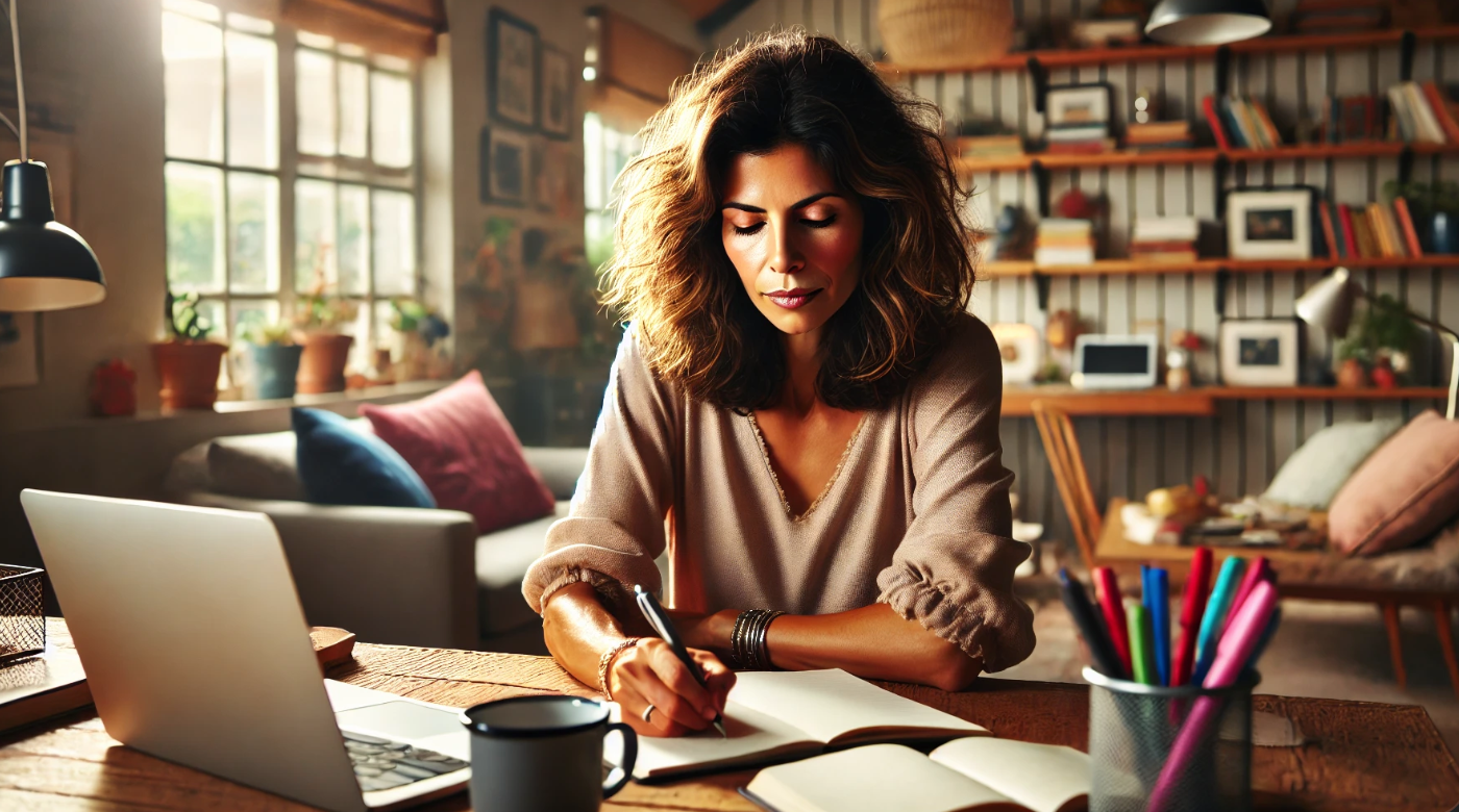 A woman with wavy brown hair sits at a wooden desk in a cozy, sunlit home office, writing in a notebook. She is surrounded by a laptop, a coffee mug, and a cup filled with colorful pens. The background features bookshelves, framed pictures, and potted plants, creating a warm and inspiring workspace.