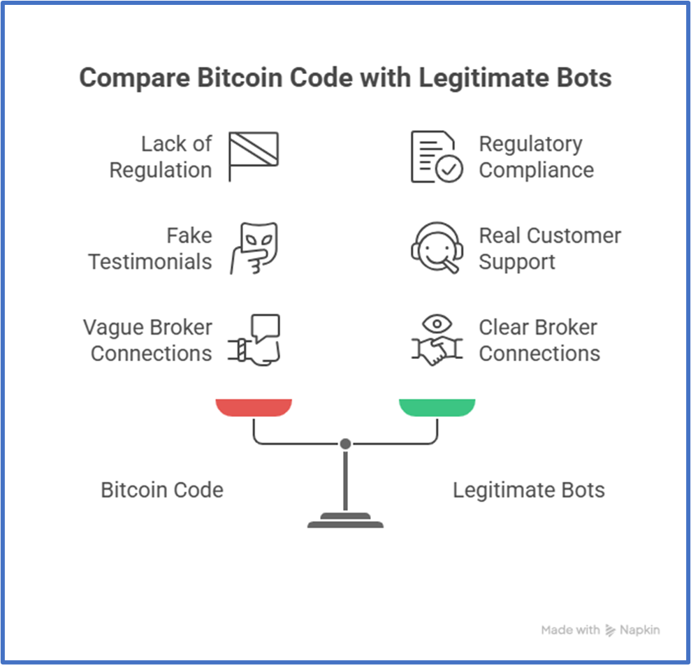 Infographic comparing Bitcoin Code with legitimate bots in terms of regulation, support, and broker transparency