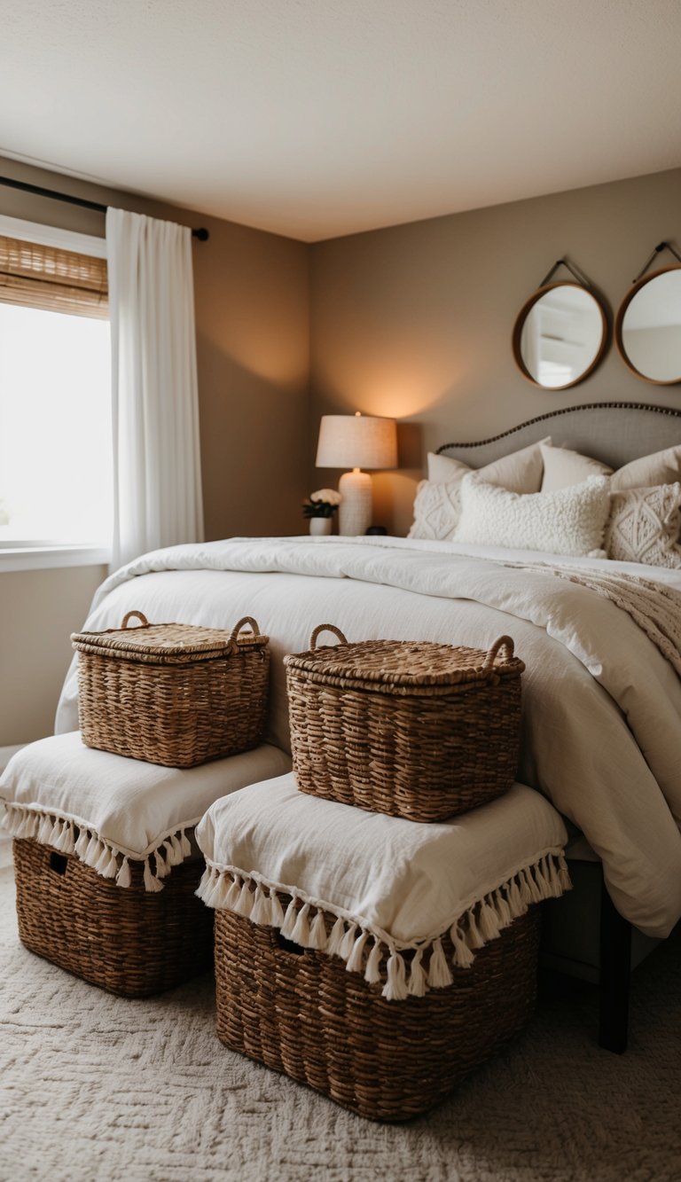 A cozy guest bedroom with woven basket storage, soft bedding, and warm lighting