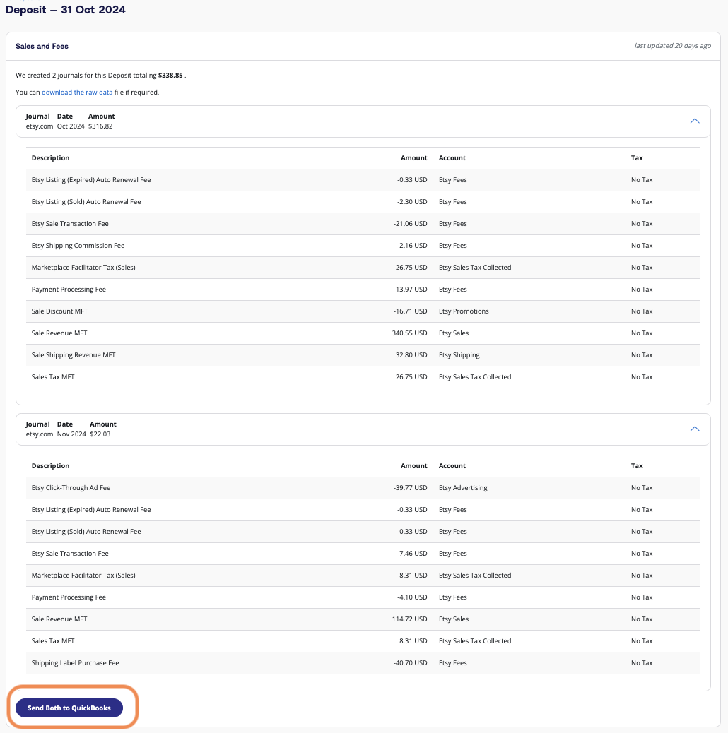 A screenshot of an A2X summary from Etsy, with 'Send to QuickBooks' highlighted