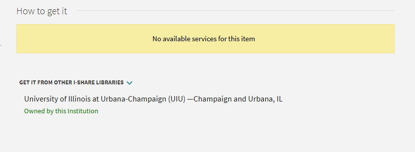 Screenshot of UIS LIbrary Search showing item is available from UIUC library