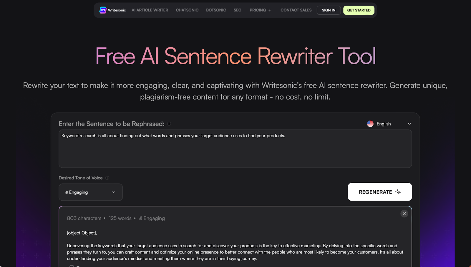 Writesonic's Free AI Sentence Rewriter Tool - Content automation