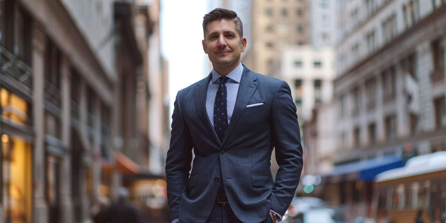 A man wearing a classic business suit in navy or gray, featuring a two- or three-button jacket, paired with a dress shirt and tie. The setting is a professional office or urban environment, conveying a polished, confident look suitable for business or formal daytime events.