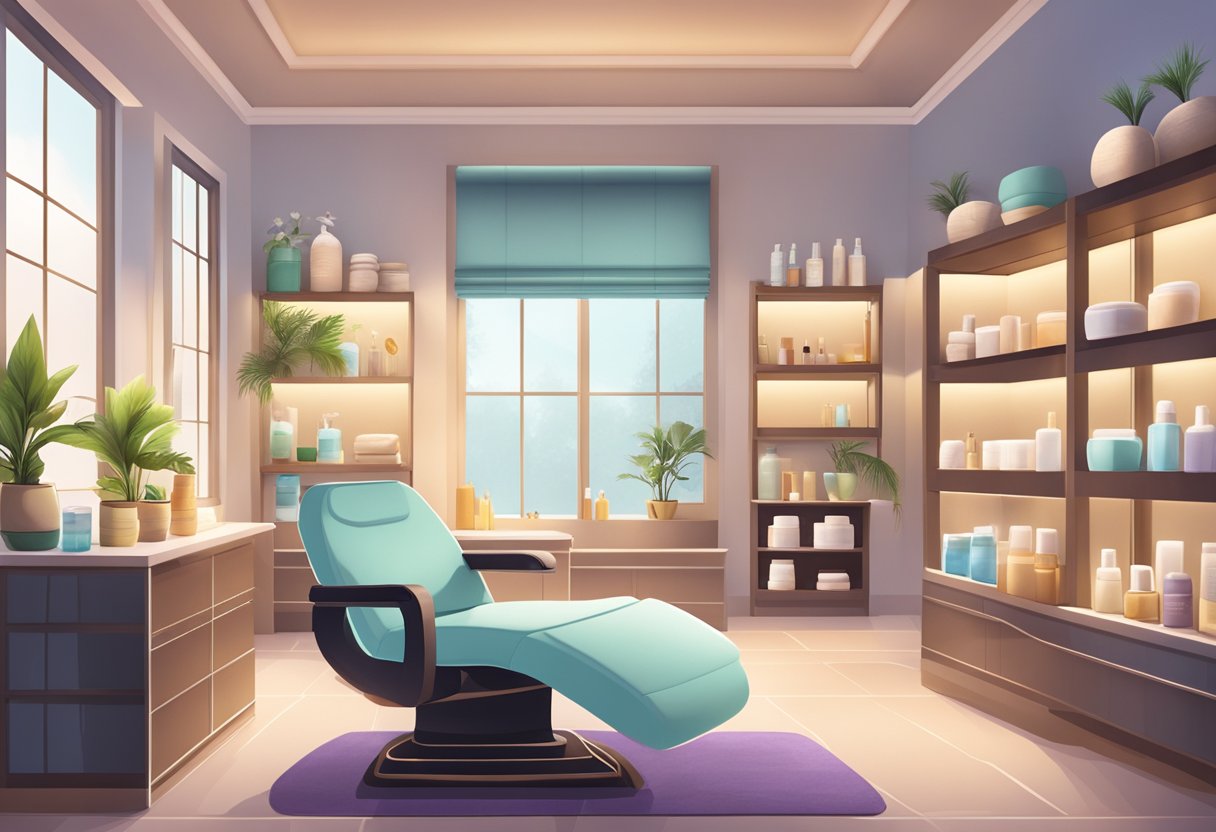 A serene spa room with soft lighting, a comfortable facial chair, and shelves filled with various skincare products and tools