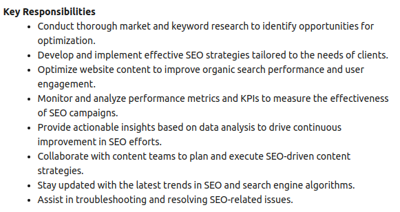 Alt: SEO Specialist role key responsibilities.