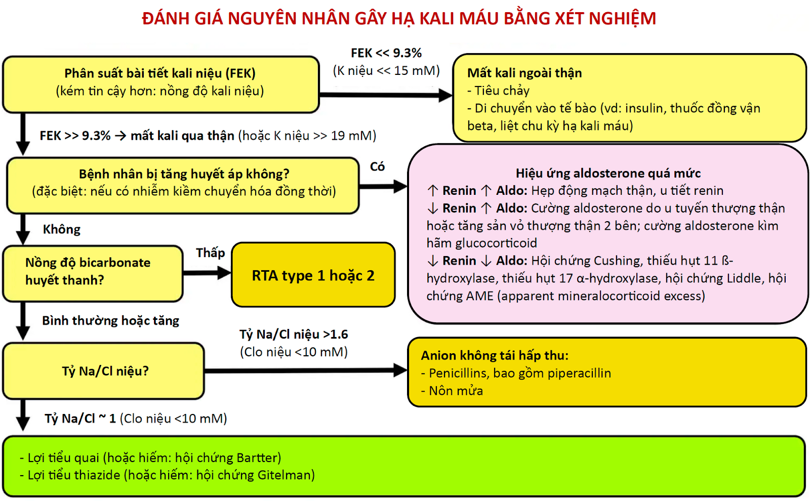 Ít khi phải sử dụng đến lưu đồ này, vì chẩn đoán nguyên nhân thường dựa vào tiền sử và danh sách thuốc của bệnh nhân.
Lưu đồ này không bao gồm hạ magie máu, thứ phải được xem xét đầu tiên trước khi đi theo lưu đồ này.