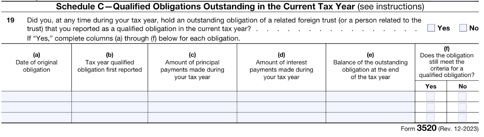 Screenshot of Schedule C: Qualified Obligations Outstanding in the Current Tax Year under Part I of Form 3520.