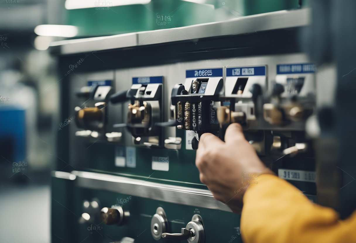 A worker placing a lock on a machine and attaching a tag to indicate it is being serviced