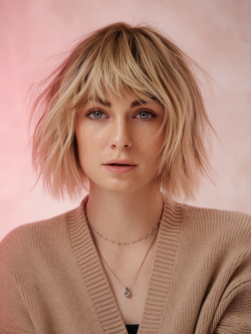 34. Textured Blonde Bob with Bangs