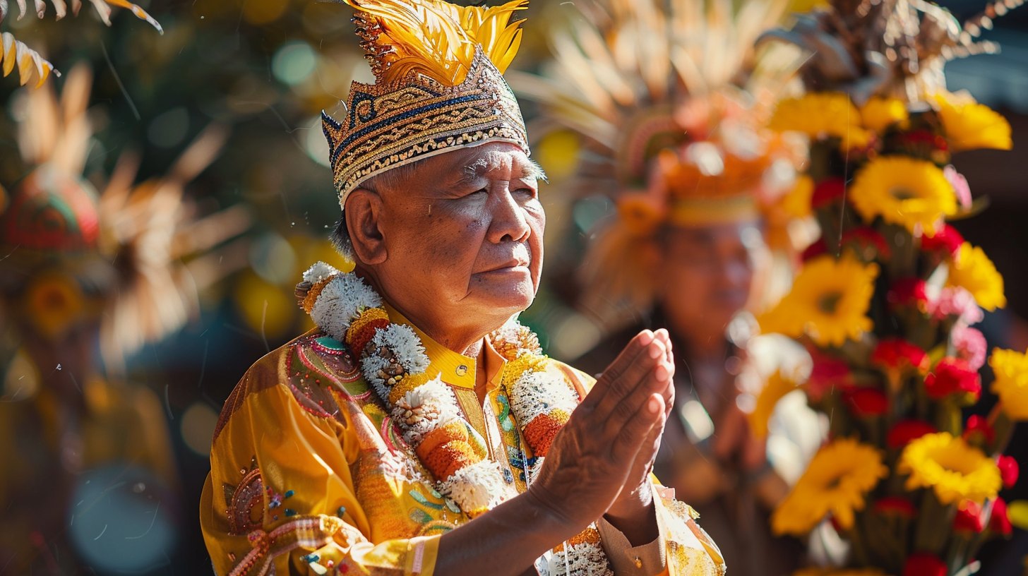 Man wearing traditional cultural or religious funeral attire (e.g., barong tagalog, kurta, or other regional garments), appropriate to a solemn ceremony; standing with hands clasped in respectful posture, background shows traditional elements or cultural setting