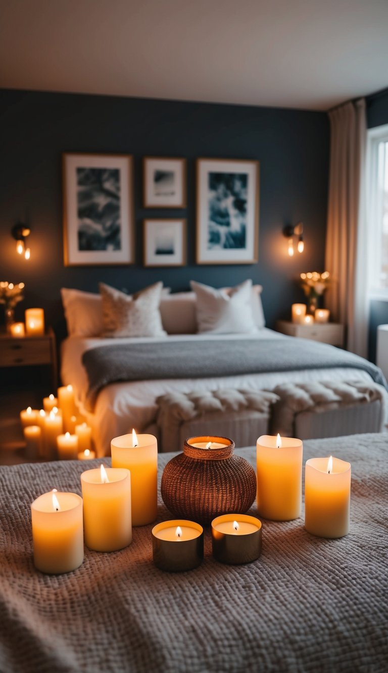 A cozy master bedroom with soft lighting from scented candles arranged around the room, creating a romantic and relaxing atmosphere