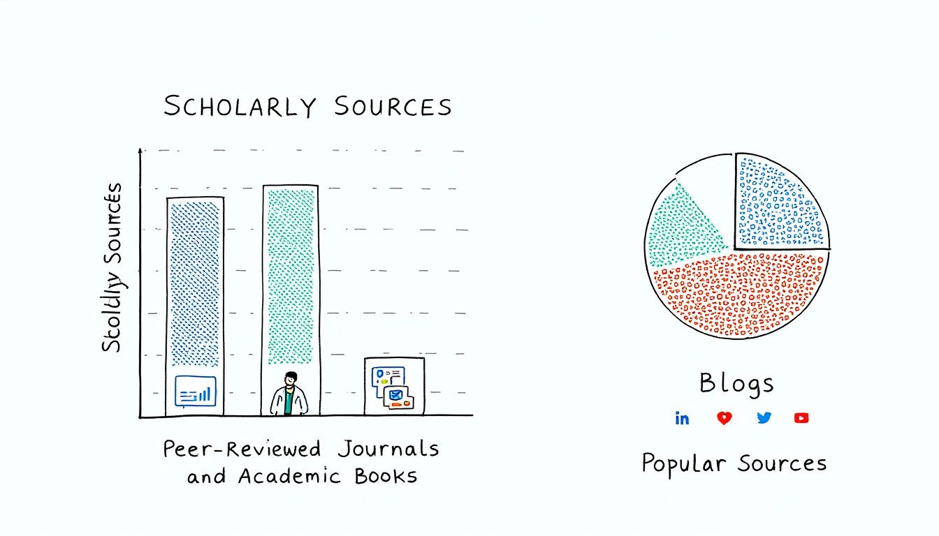 A comparison chart illustrating the differences between scholarly and popular sources.